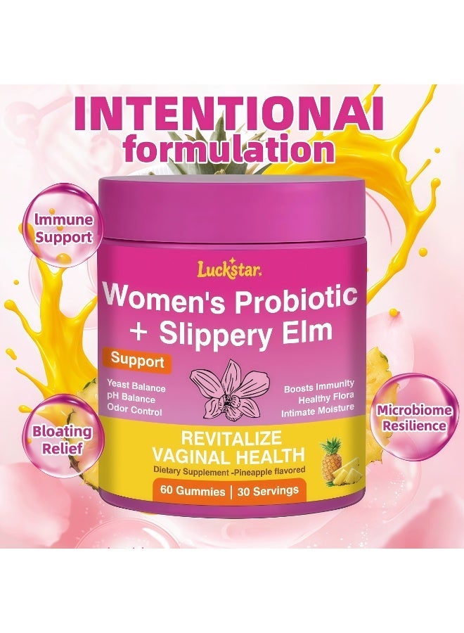 Luckstar Women's Probiotic + Slippery Elm Gummies – 60 Servings, Supports Women's Health, Yeast Balance, PH Control, Digestive & Immune Health – Pineapple Flavor - Image 1